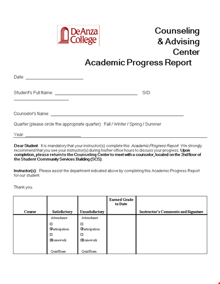 counseling & advising center academic progress report template