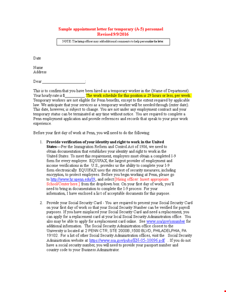 temporary appointment letter format - security employment information template