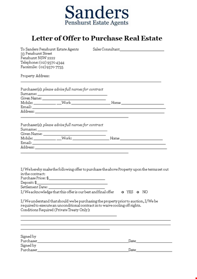 real estate agent offer letter template - contract for purchase | penshurst purchaser offer template
