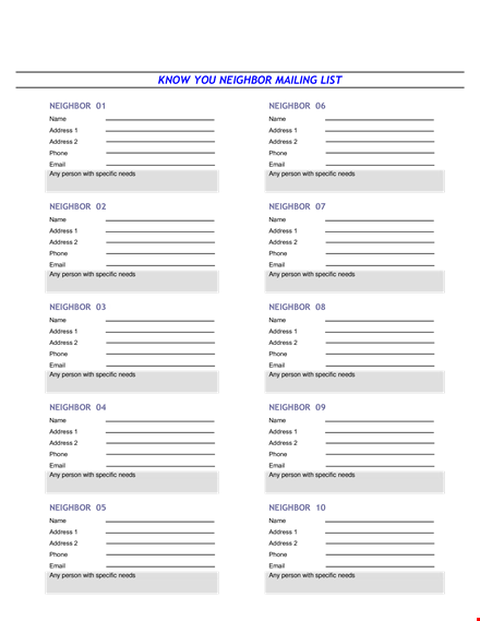 email list template - efficiently organize contact information for address, phone, and neighbors template