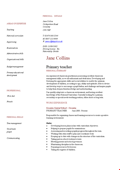 primary teacher resume - management, curriculum, skills, classroom expertise template