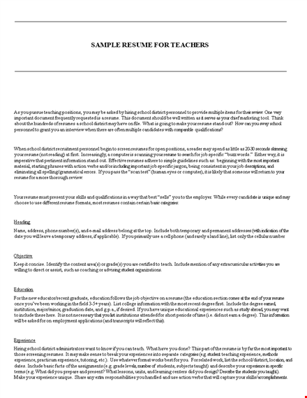 free sample teacher resume: school, education, experience, district template