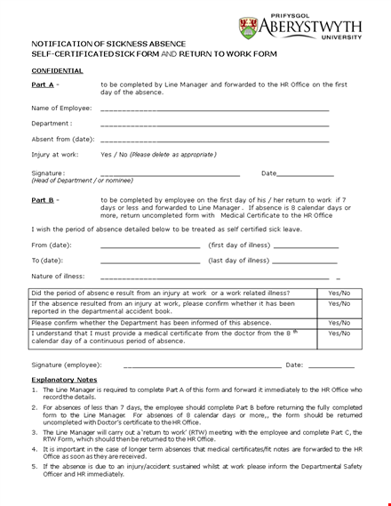 return to work form for employees: absence reporting template