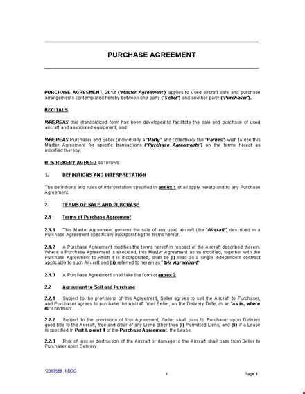 customize purchase agreement template for aircraft | seller & purchaser agreement template