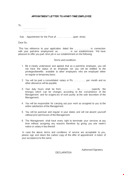 sample of appointment letter for part time employee template