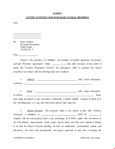 letter of intent to purchase property: buyer and seller agreement template