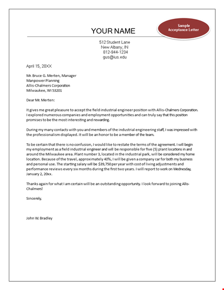 formally accept the offer: job acceptance letter template