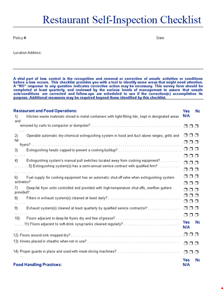 restaurant self inspection checklist template