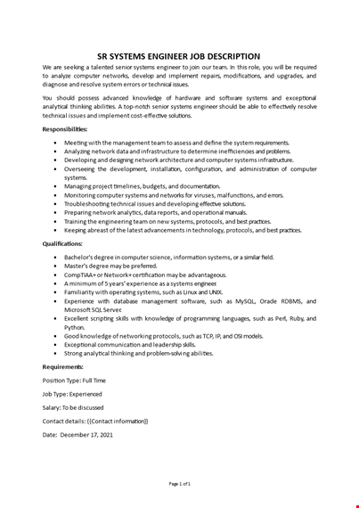 systems engineer job description template