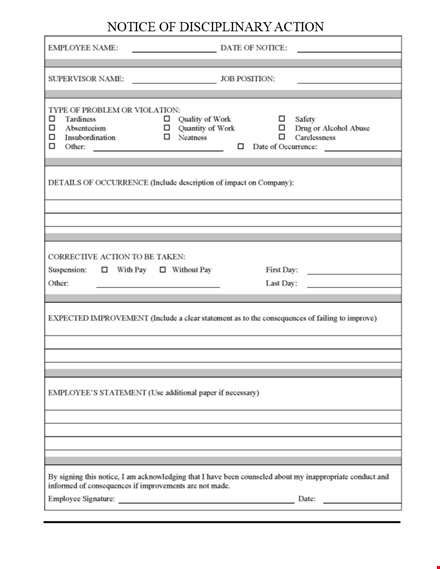 employee write up form - improve performance with action explained template
