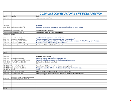 reunion event agenda: medicine, breakfast, welcome, osteopathic template