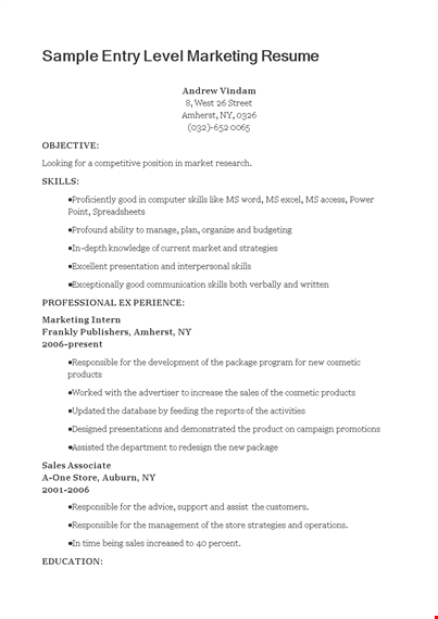 sample entry level marketing resume template