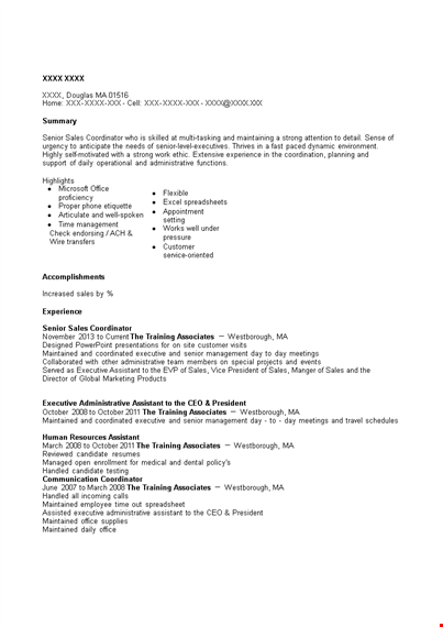 senior sales coordinator resume template