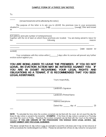 sample form of a three day notice template