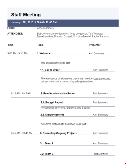 staff meeting agenda template template