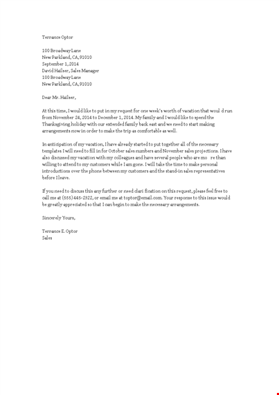 formal vacation leave letter template
