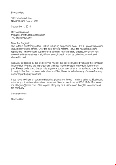 immediate resignation letter due to stress template