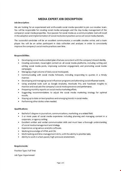 media expert job description  template