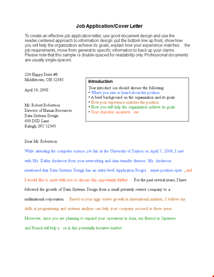 job application letter format template