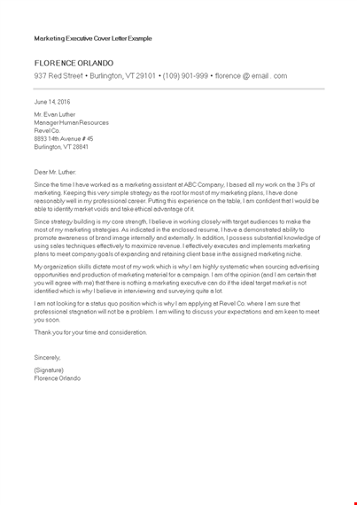 marketing executive application letter template