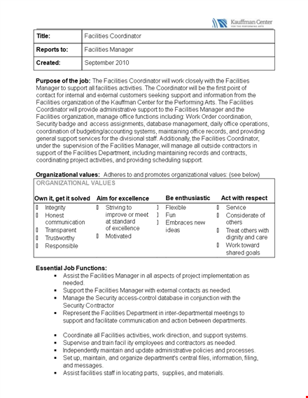 facilities coordinator job description - support, organization, facilities template