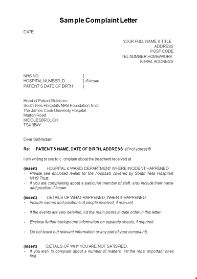 complaint letter template | hospital patient complaints | easy to use template