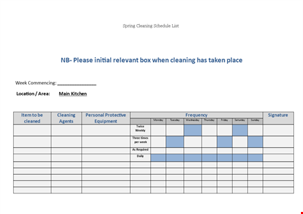 spring cleaning schedule list template