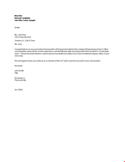 new hire internal candidate job offer letter template