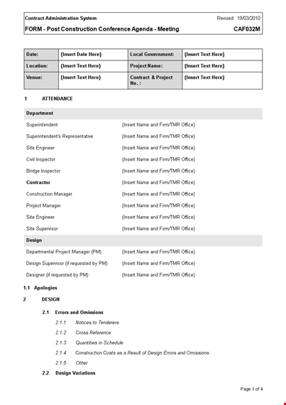 post construction conference meeting agenda template template