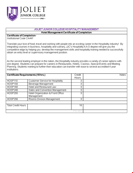 hospitality business management certificate | hotel management certification template