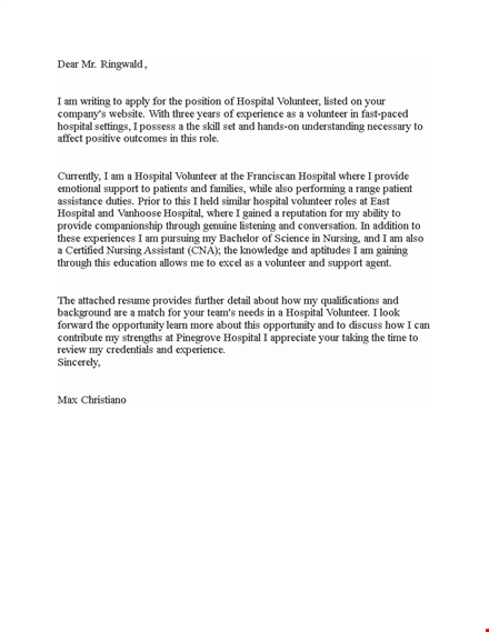 job application letter for hospital volunteer template
