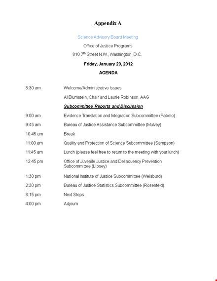 scientific advisory board meeting: justice subcommittee agenda template