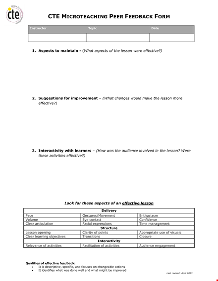 cte microteaching peer feedback form template