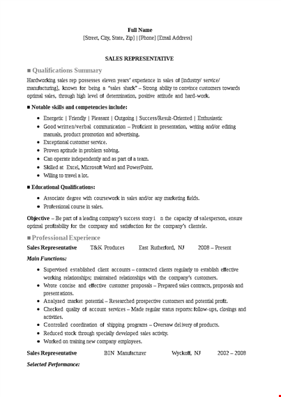 sales representative agent resume template