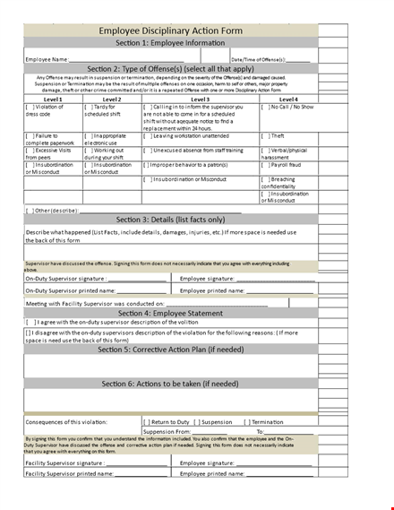 employee disciplinary action form | section, supervisor, offense template