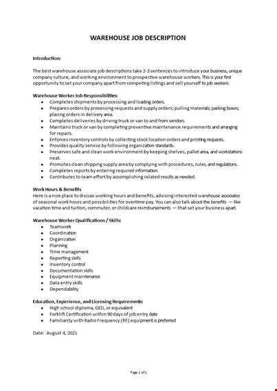 warehouse job description template