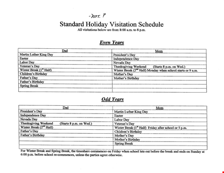 standard holiday visitation schedule template