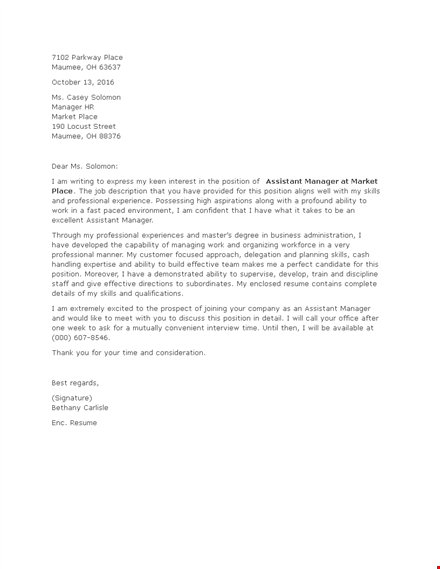 job application letter for assistant manager template