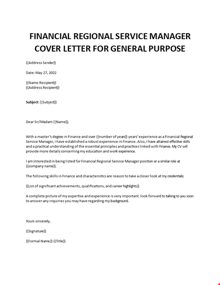 financial regional service manager cover letter template