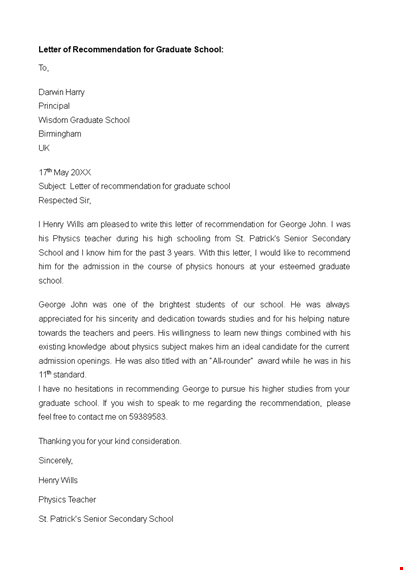 teacher recommendation letter template for graduate school in physics template