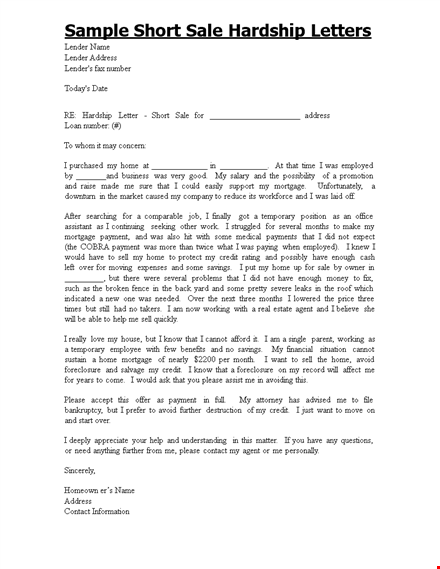 short sale hardship letter template - get help in minutes template