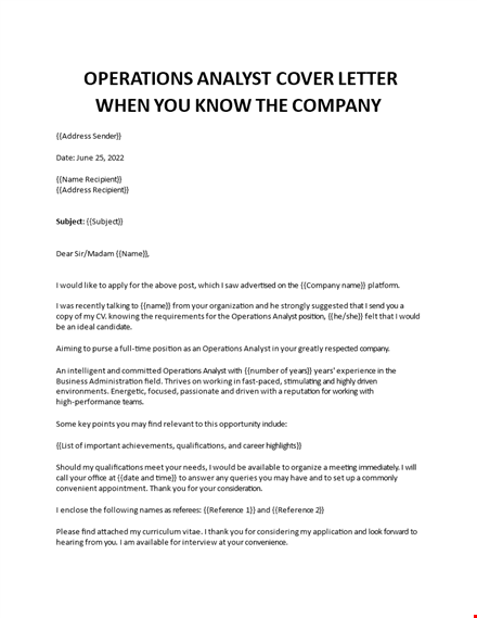 operations analyst application letter template