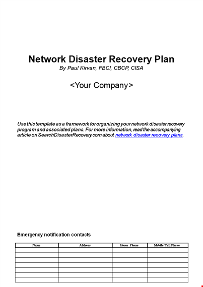 network disaster recovery plan example template
