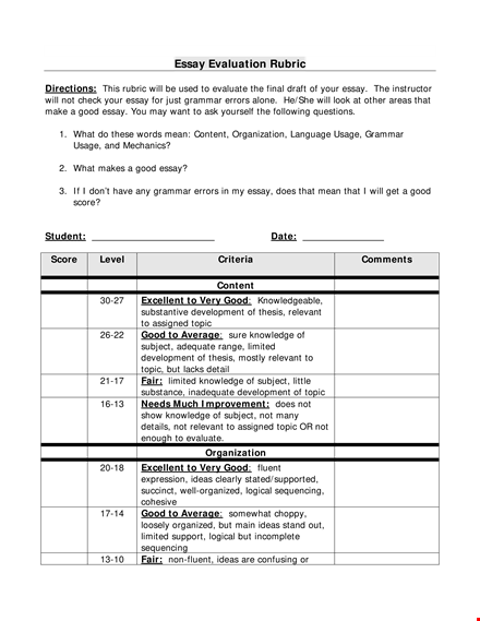 essay evaluation rubric template