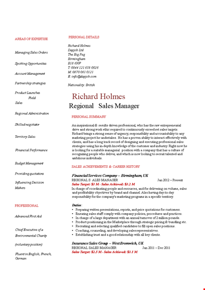 regional sales manager resume template