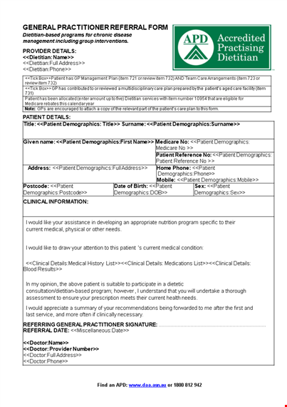 referral form template for patient demographics and dietitian template