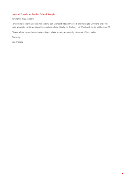free school transfer letter example template