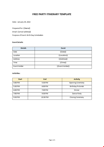 party itinerary template template