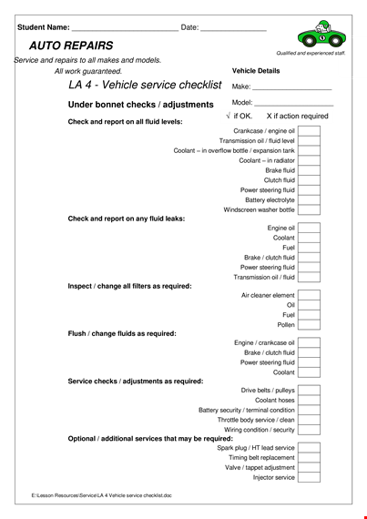 vehicle service checklist template template