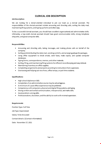 clerical assistant job description template